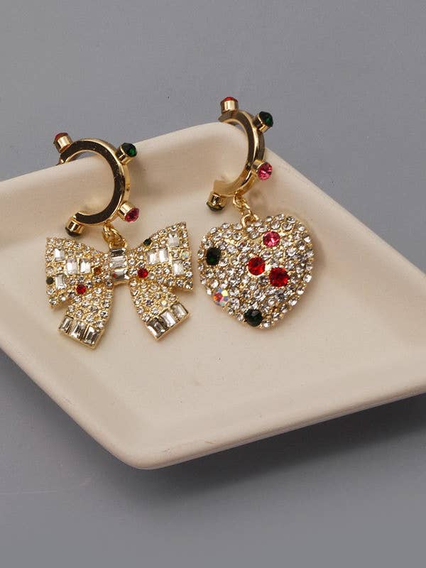 HOLIDAY RHINESTONE HEART BOW MINI HOOP EARRINGS | 71E0970 for wholesale by JOSSLYN by wall to wall
