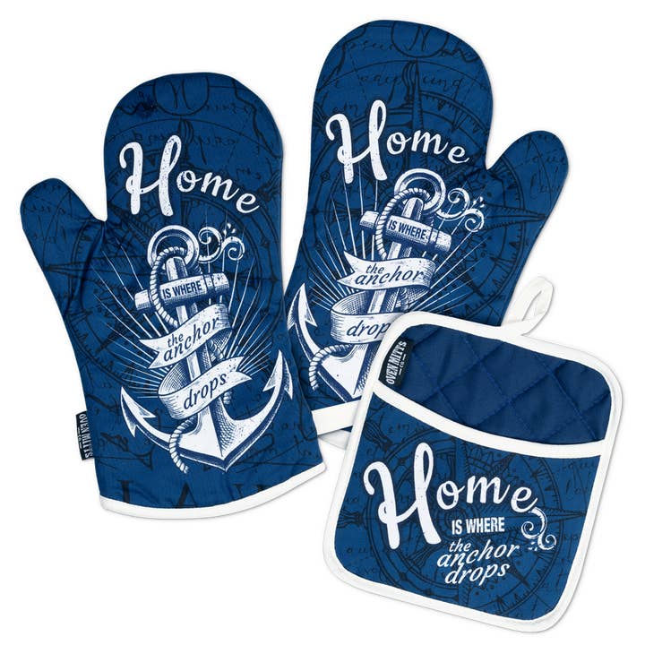 Set guanti da forno e presina Nautic Home Navy per la vendita all'ingrosso da parte di Zapps Clothing