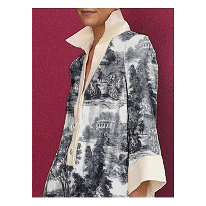 BLACK WHITE Long Sleeves Loose Printed Lapel Mini Dresses for wholesale on Faire1