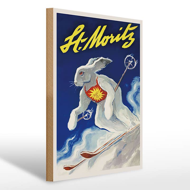Holzschild Reise 30x40 cm St. Moritz Hase auf Ski Schild für den Großhandel von Femer