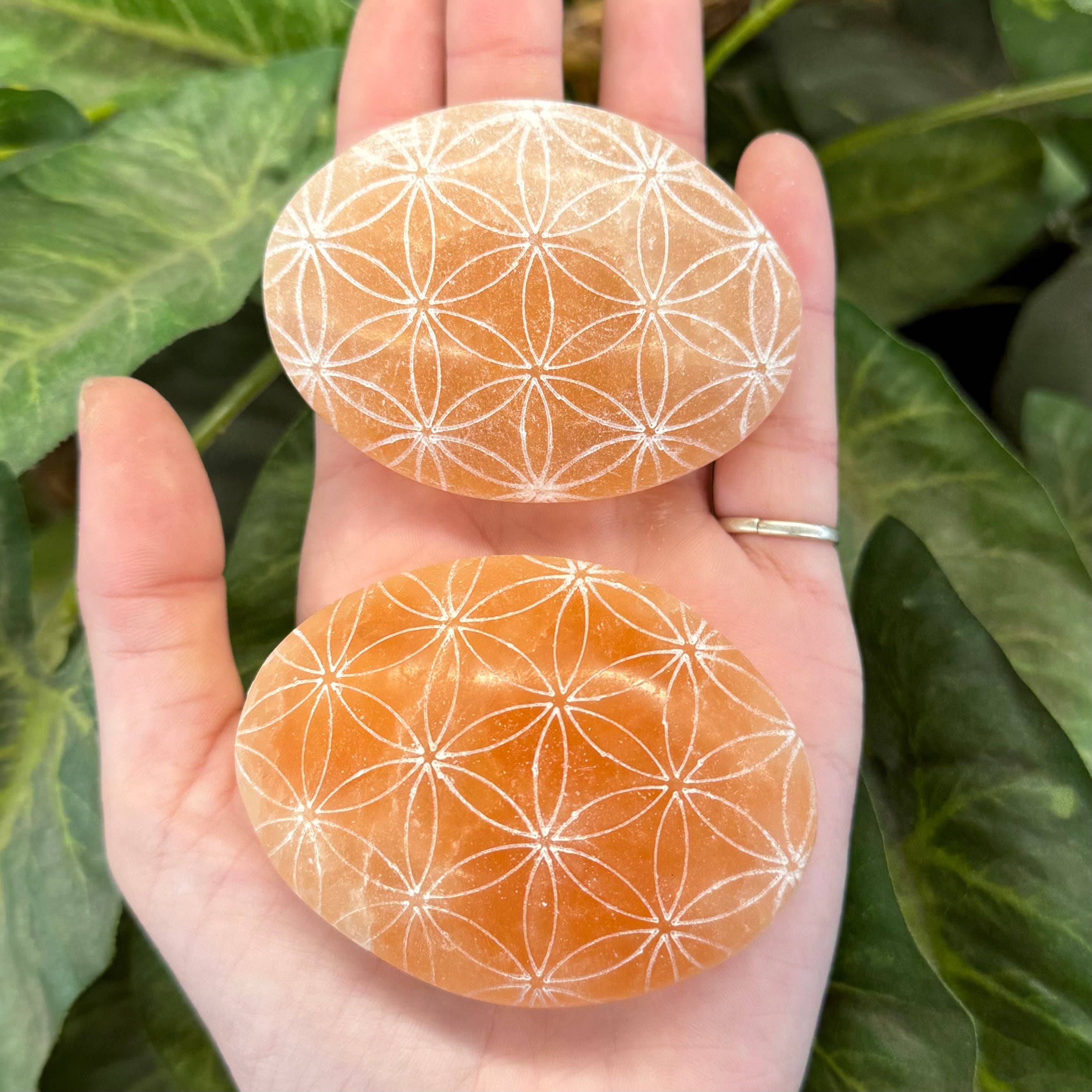 Funky Stuff - Wholesale Spiritual Stone/Crystal - Peach Selenite Engraved Palmstone - Flower Of Life0