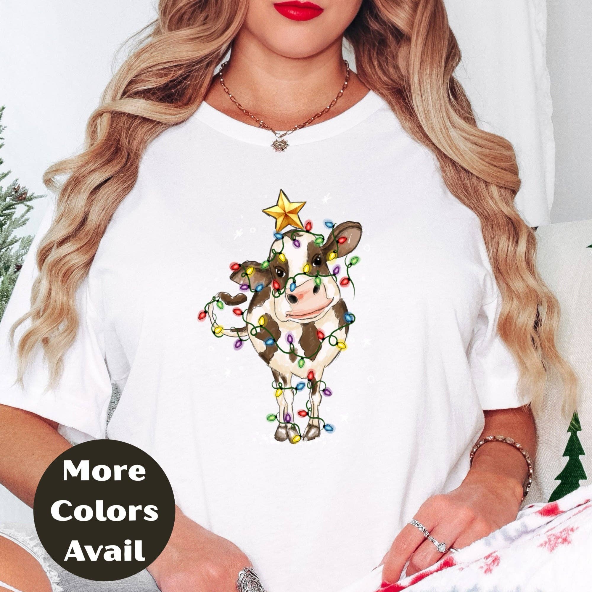 Epic Life  - Designed - Wholesale Screen Printed T-Shirt - Women's - Christmas Lights Country Cow Shirt or Sweatshirt – Cute Holiday Farm Top Small - 4XL and Plus Size – Multiple Colors0