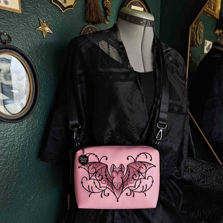 Light Pink Filigree Bat Embroidered Small Crossbody Bag for wholesale by Project Pinup
