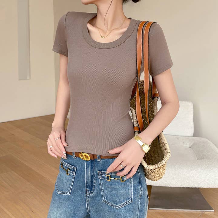 SALINA TRADING INC - Wholesale T-shirt – women's - Summer Women Simple Basic Solid Color U-Neck T-Shirt7