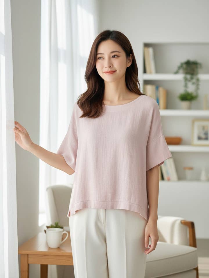 Top i bomuldslinned med dobbelt slids 15848 for engroshandel hos Shyloh