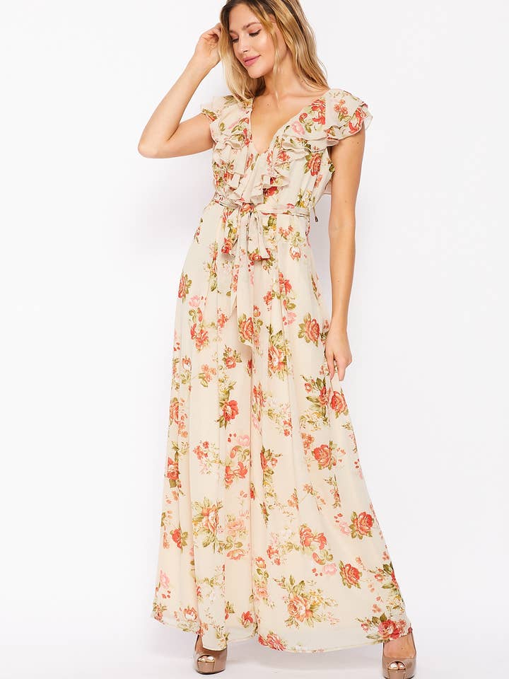 Floral Print Sleeveless Ruffle Jumpsuit HR1548-CREAM for wholesale by B I G H I T Fashion