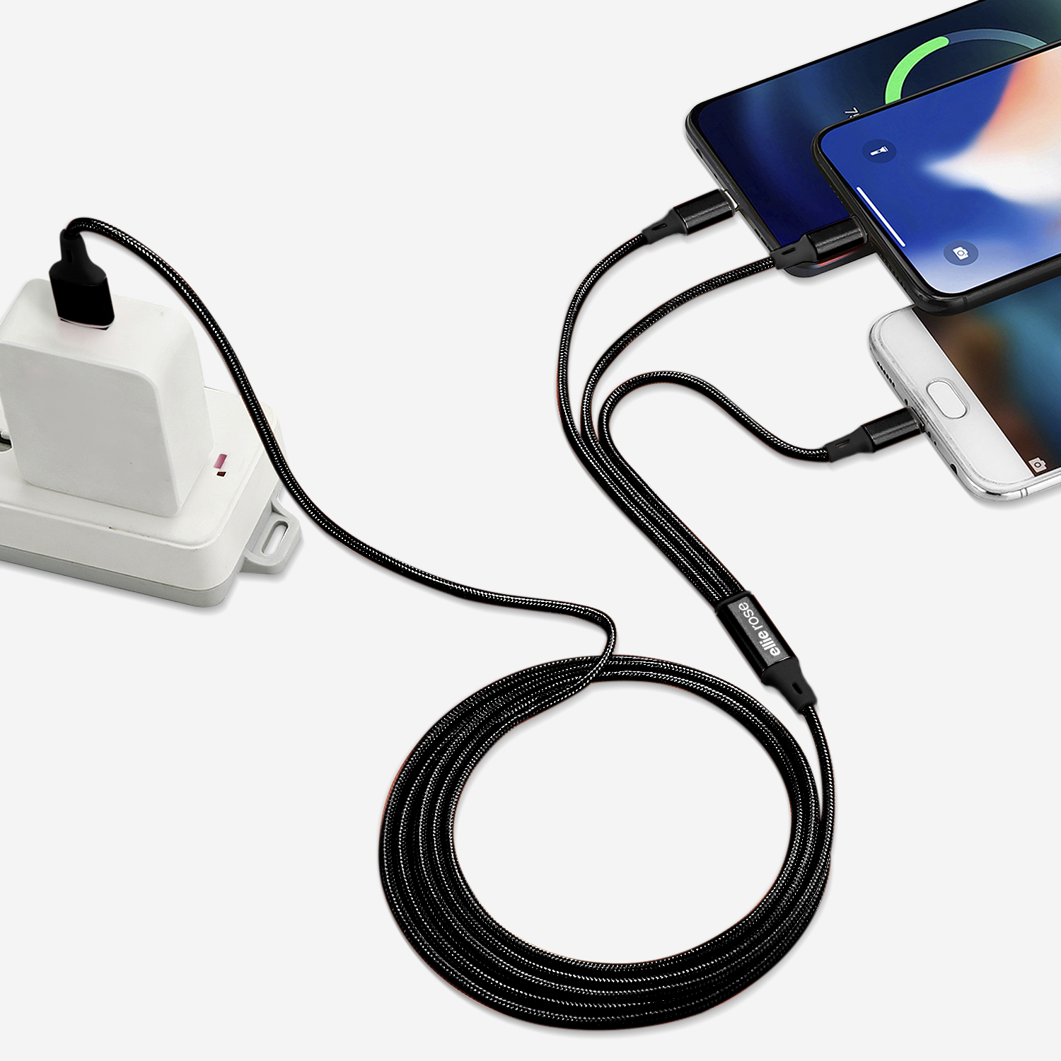 Ellie Rose - Wholesale Charging Cable - 3-in-1 Charging Cable 10 Ft Nylon - Black (USB A)2
