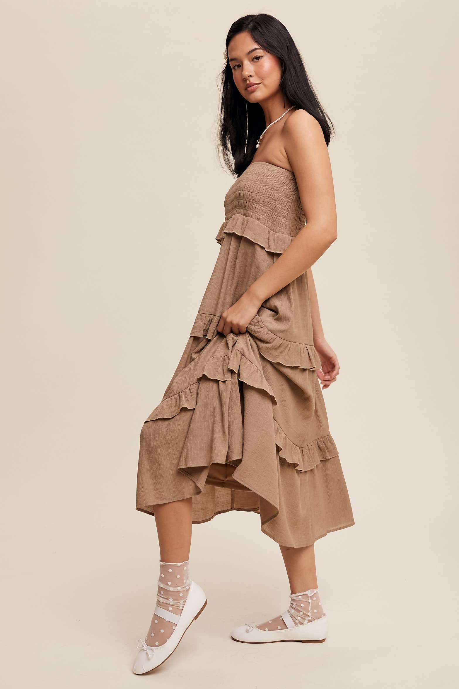 Listicle - Wholesale Skirt - Women's - 2-Way Smocked Ruffle Tiered Midi Dress or Skirt11