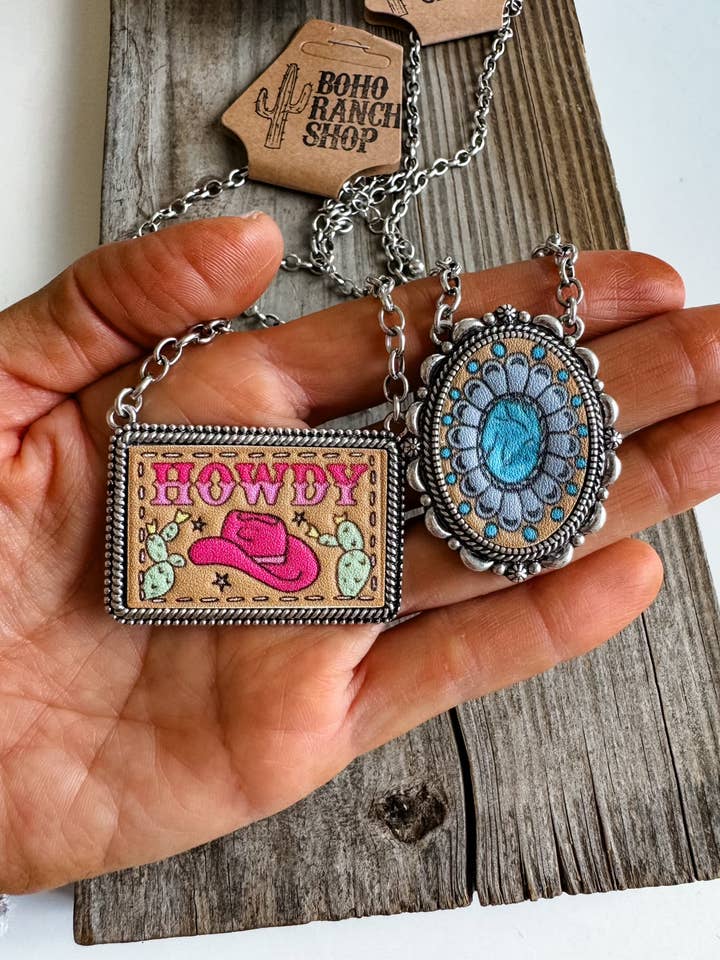 Western Tooled Leather Necklace - Square Howdy | Oval Concho for wholesale by Boho Ranch Shop