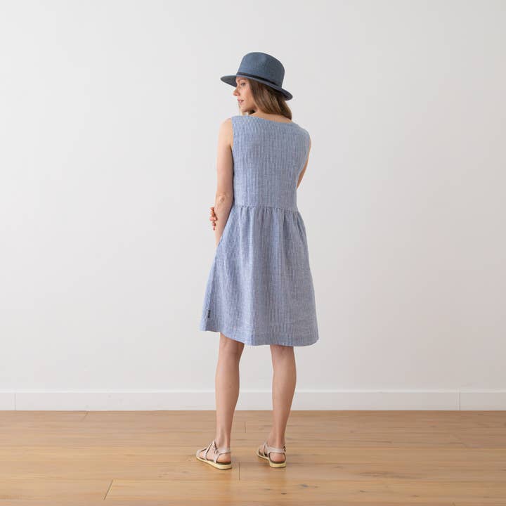 LinenMe - Wholesale Dress - Women's - Linen Dress Medium Stripe Blue Charlotte