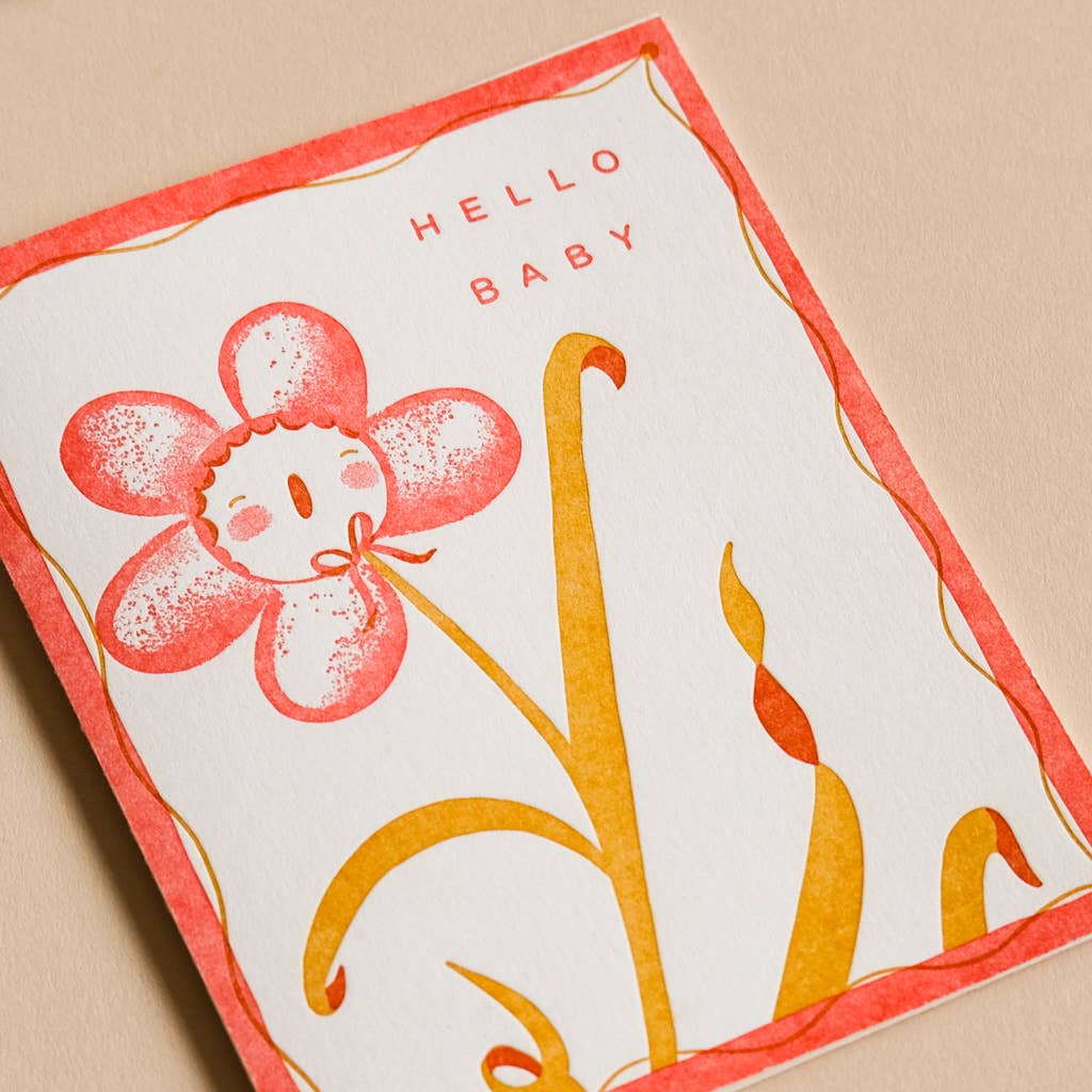 Homework Letterpress Studio – postal de bebé por atacado – Olá Bebé | Flor Cor-de-Rosa | Cartão Letterpress2