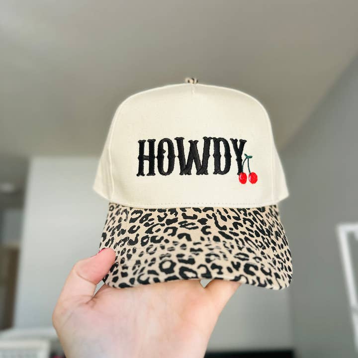 Southern N Savvy - Wholesale Baseball Cap - Women's - Howdy Cherry Leopard Embroidered Canvas Hat
