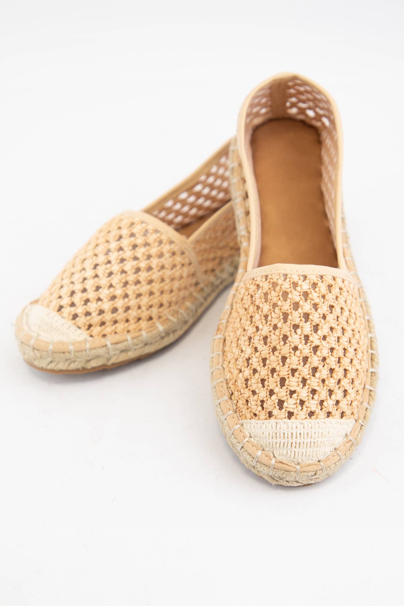 NATURAL WEEKLY DEAL CAP TOE DESIGN RAFFIA MESH FLATS for wholesale on Faire0
