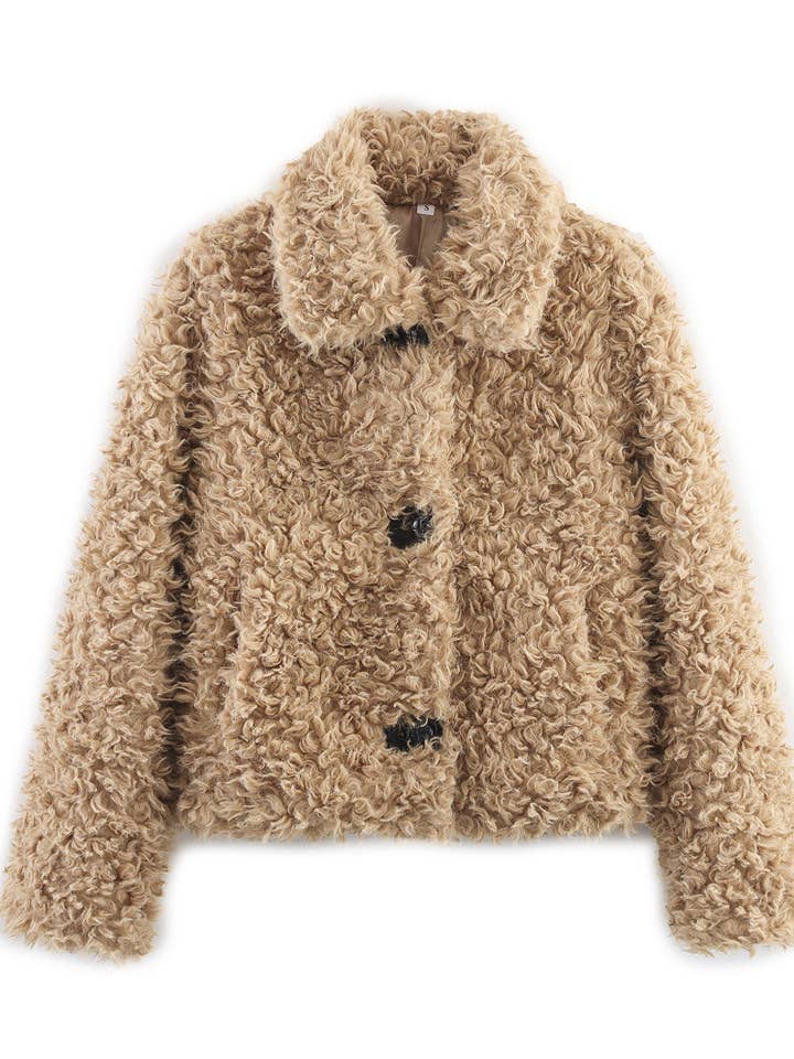 KHAKI Lapel long-sleeved single-breasted faux fur coat for wholesale on Faire3