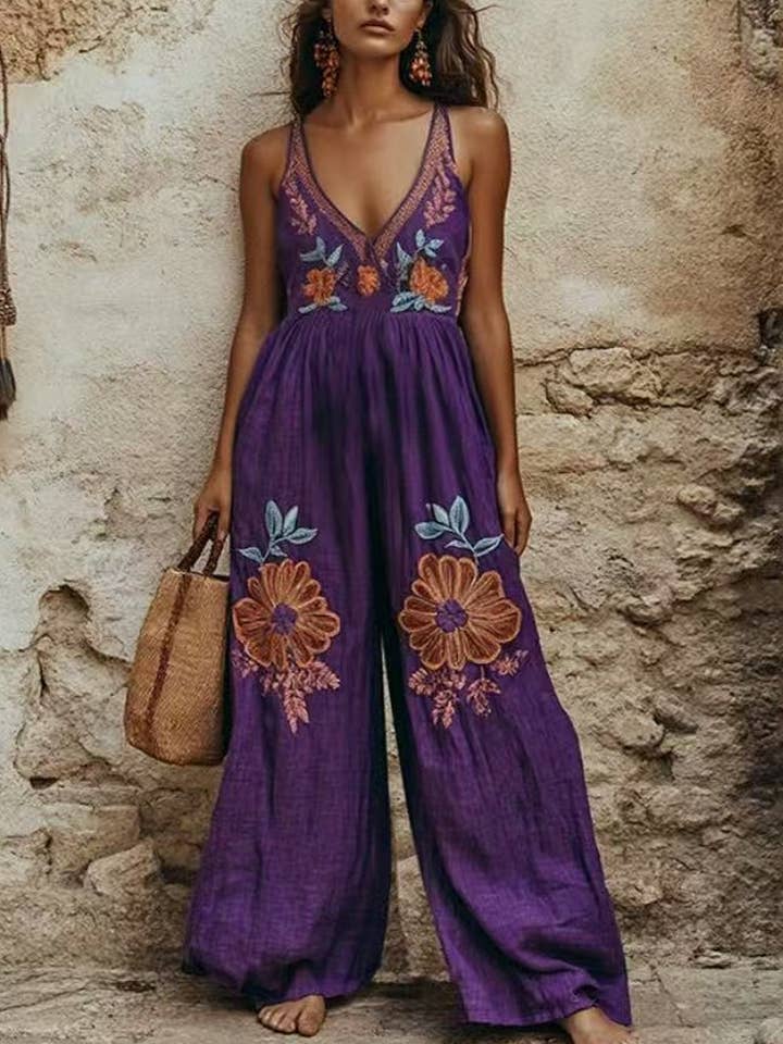 CWSJS1698_VINTAGE FLORAL COTTON LINEN STRAPPY WIDE JUMPSUIT and other Purchase Wholesale linen jumpsuit. Free Returns & Net 60 Terms on Faire trending on Faire.