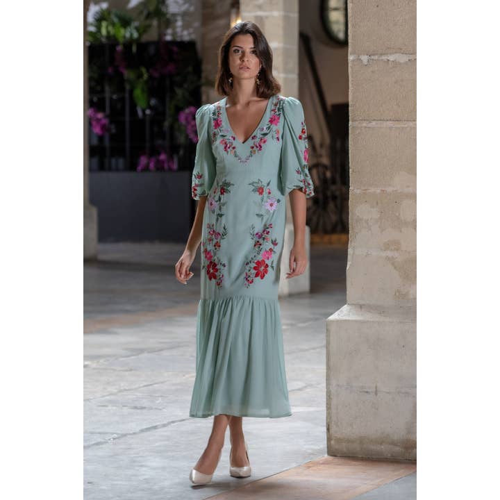 Káhyra grøn valmuekjole med blomsterbroderi for engroshandel hos Káhyra