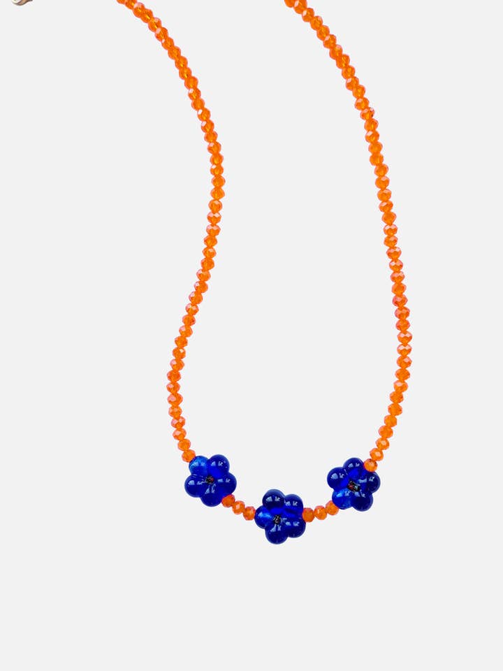 3 Dark Blue Flowers & Orange 6mm Beads for wholesale by Le Club Olive