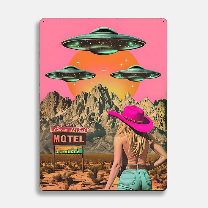 Desert Scene with Retro Cowgirl UFO Alien Metal Sign Plaque for wholesale by The British Metal Signs Company