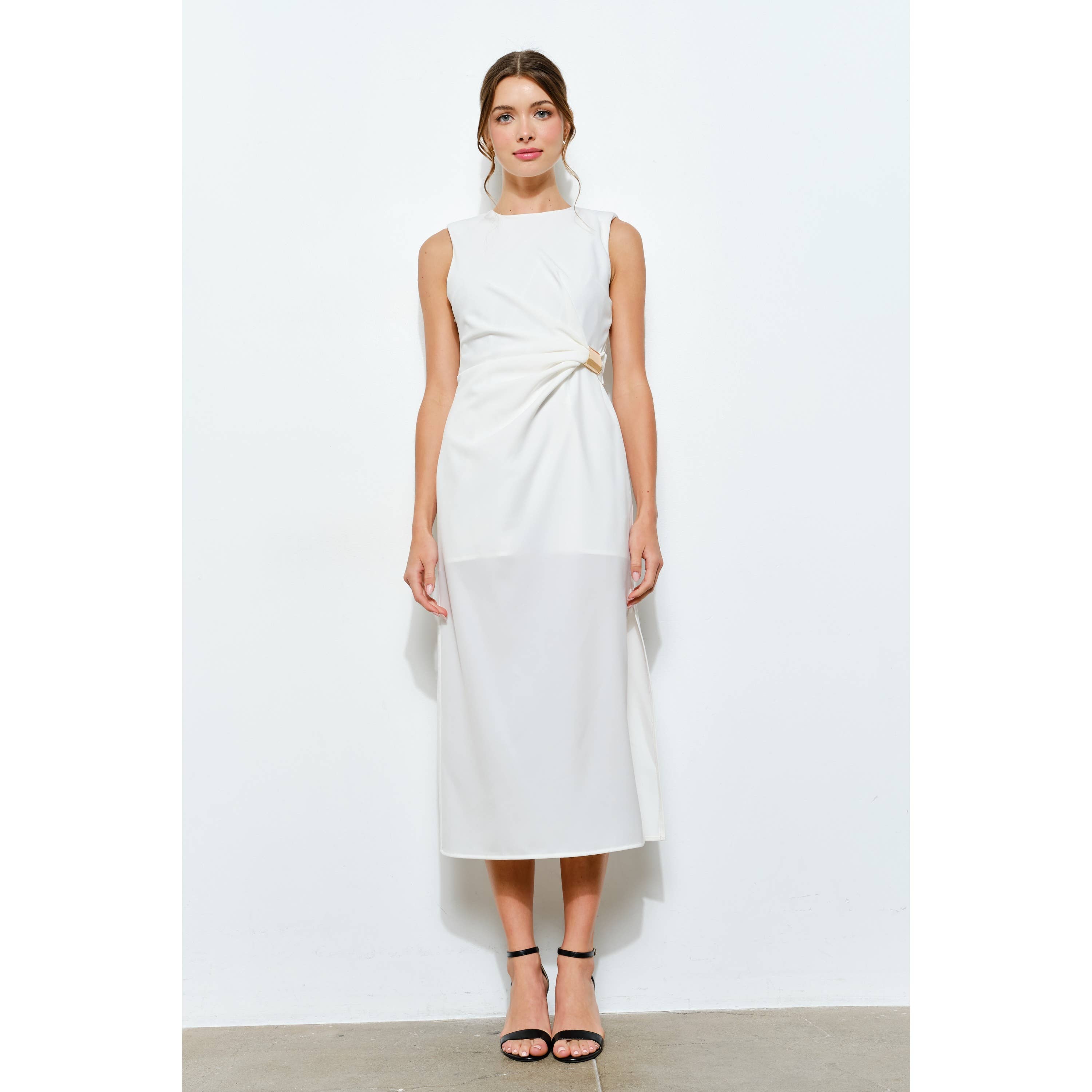 INA - Vendita all'ingrosso Vestito - Donna - Abito midi senza maniche con drappeggio e accenti dorati11