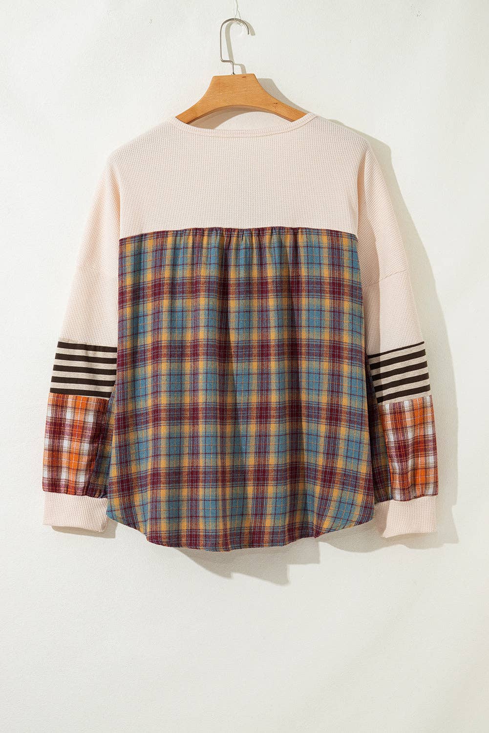 Parchment Plus Size Waffle Colorblock Striped Plaid Patchwork Half Button Pullover for wholesale on Faire1