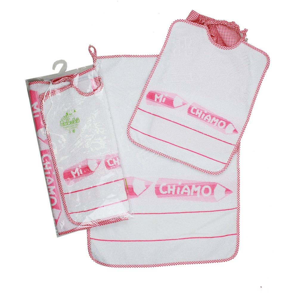 Almatex srl - Wholesale Dinner & Cloth Napkin - 3-piece pencil set: towel+bib with elastic band+bag with etamine to embroider2