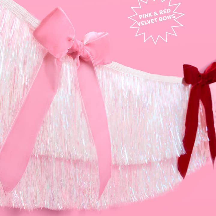 xo, Fetti - Wholesale Banner - Bow Bliss Banner - layered fringe + velvet bows, pink, 6 ft