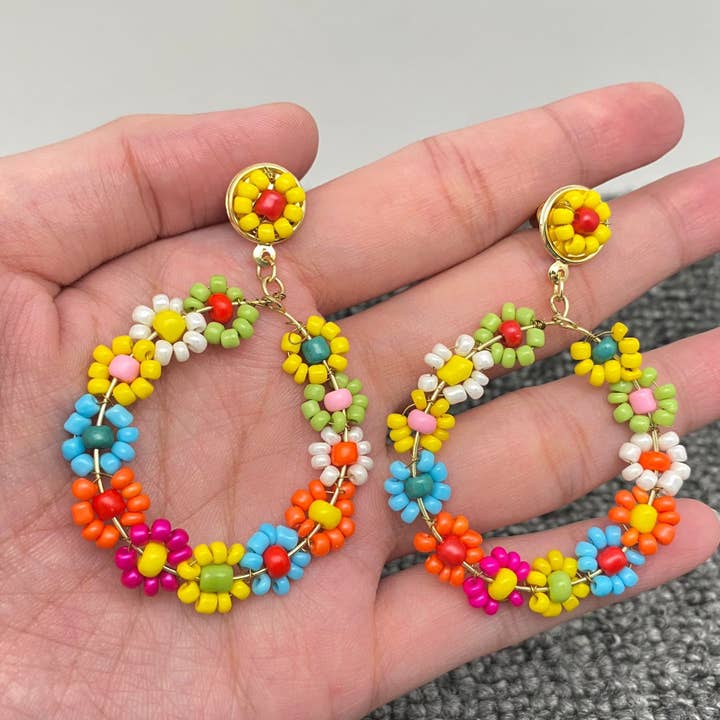 Mio Queena - Wholesale Dangle Earrings - Handmade Colored Beaded Dangle Flower Post Earrings