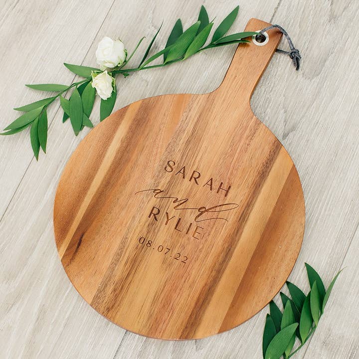 Round Cutting & Serving Board With Handle - Modern Couple for wholesale by Weddingstar Inc.
