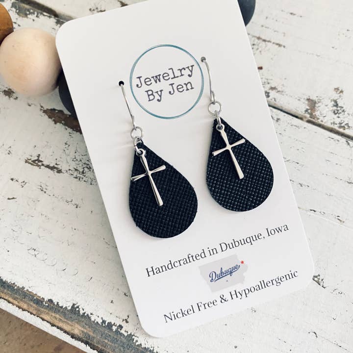 Jewelry By Jen - Wholesale Dangle Earrings - Small Teardrop Earrings: Black w/Cross Charm1