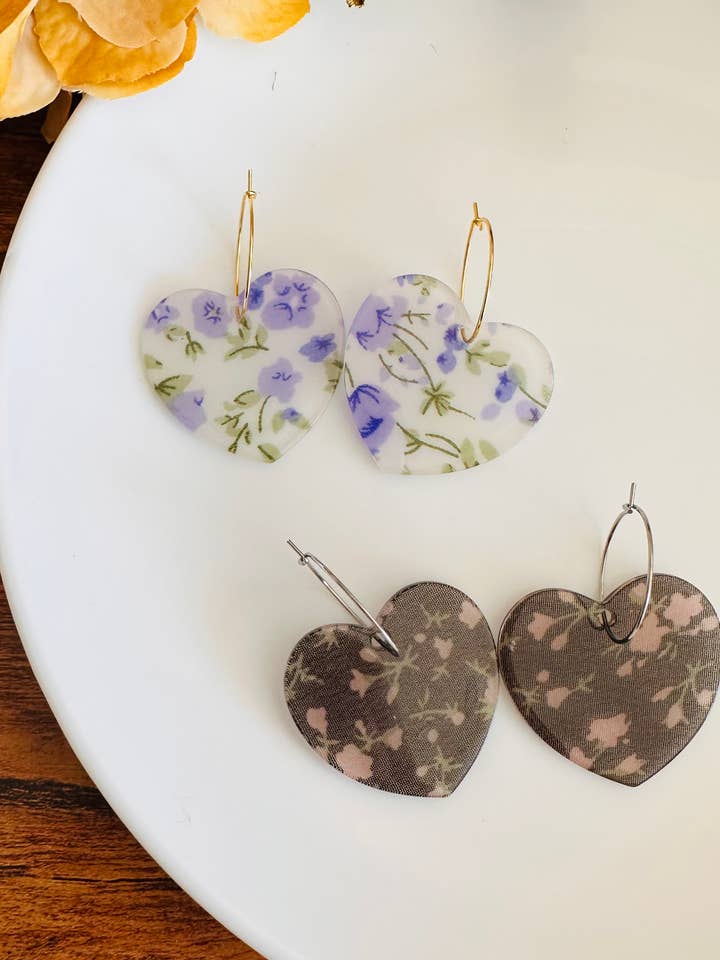 Floral hearts acetate resin hoops earrings for wholesale by BuidesignCo