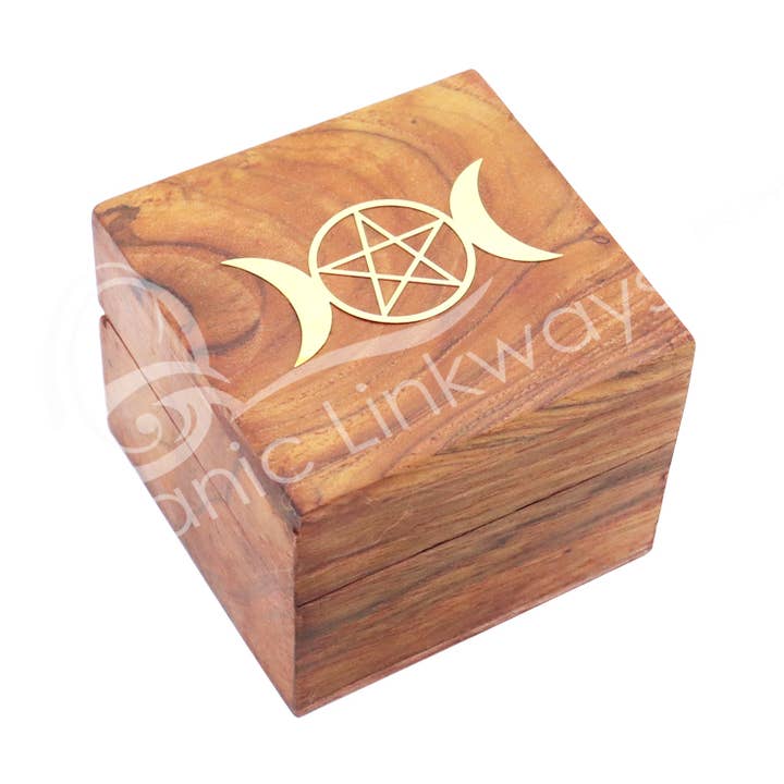 Oceanic Linkways Inc – wholesale Spiritual stone/crystal – (PC)BOX - ACACIA WOOD TRIPLE MOON PENTACLE BRASS INLAYED 2.0