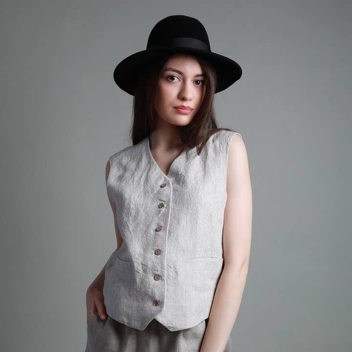EVE Cropped Linen Waistcoat with Adjustable Back Ties for wholesale by Knotium