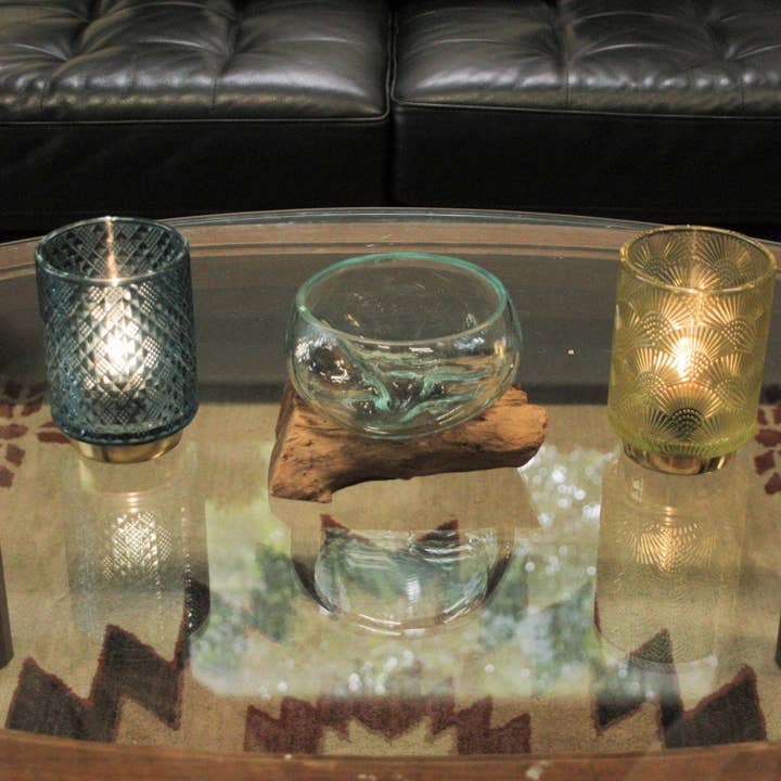 Zeckos - Wholesale Vase - Medium Wide Mouth Molten Glass on Teak Driftwood Decorative Sculptural Bowl, Vase, and Terrarium Planter - Approximately 5 Inches High3