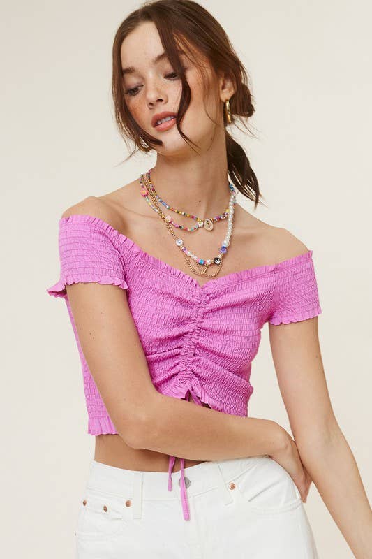 Mimosa - Wholesale Blouse - Women's - Off Shoulder Ruched Short Sleeve Blouse with Drawstring6