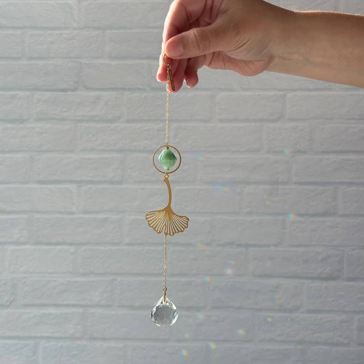 Gold Ginkgo Leaf Suncatcher with Green Aventurine Gemstone for wholesale by A Tea Leaf Jewelry