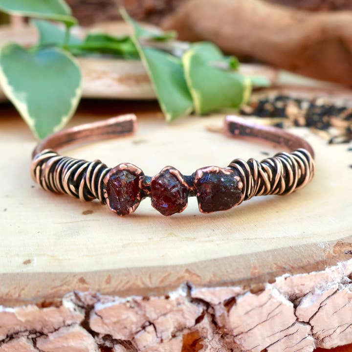 Handmade Raw Garnet Copper Cuff by Blackbird & Sage for wholesale by Blackbird & Sage Jewelry
