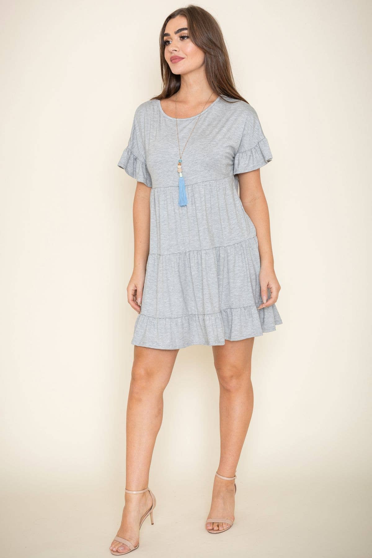 EG fashion - Vendita all'ingrosso Vestito - Donna - Abito longuette a tre strati con volant tinta unita0