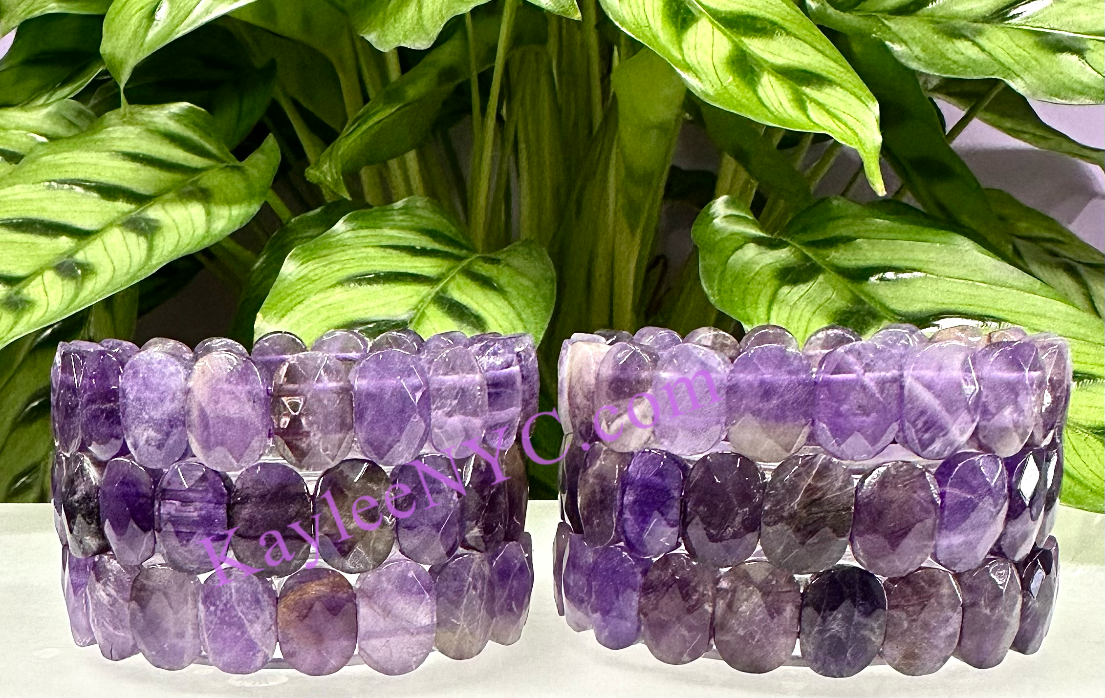 KayleeNYC - Wholesale Jewelry Set - 7.5” Natural Amethyst Faceted Stretch Bracelet 15mm0