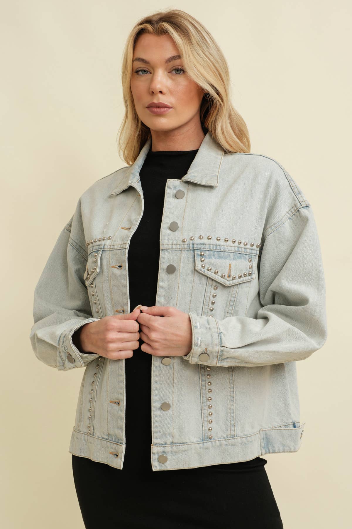 CJ14361J - STUDDED DENIM JACKET for wholesale on Faire0