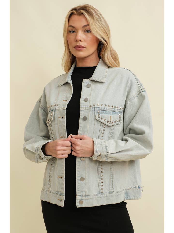 CJ14361J - STUDDED DENIM JACKET for wholesale on Faire