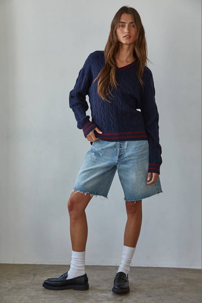 Navy W2136T2 | Knit Cable Sweater V-Neck Long Sleeve Pullover Top for wholesale on Faire3