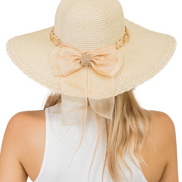Cap Zone - Wholesale Straw Hat - Women's - Embellished Burlap Ribbon Decor Floppy Brim Toyo Straw Hat