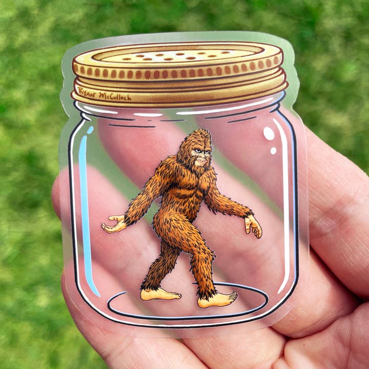 CLEAR STICKER: New Pet Bigfoot (in a jar) for wholesale by Ryan McCulloch Art