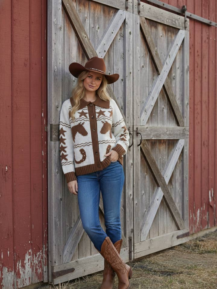 WESTERN STAR, HORSE, HORSESHOE OPEN OVERSIZED CARDIGAN for wholesale by Star Drop