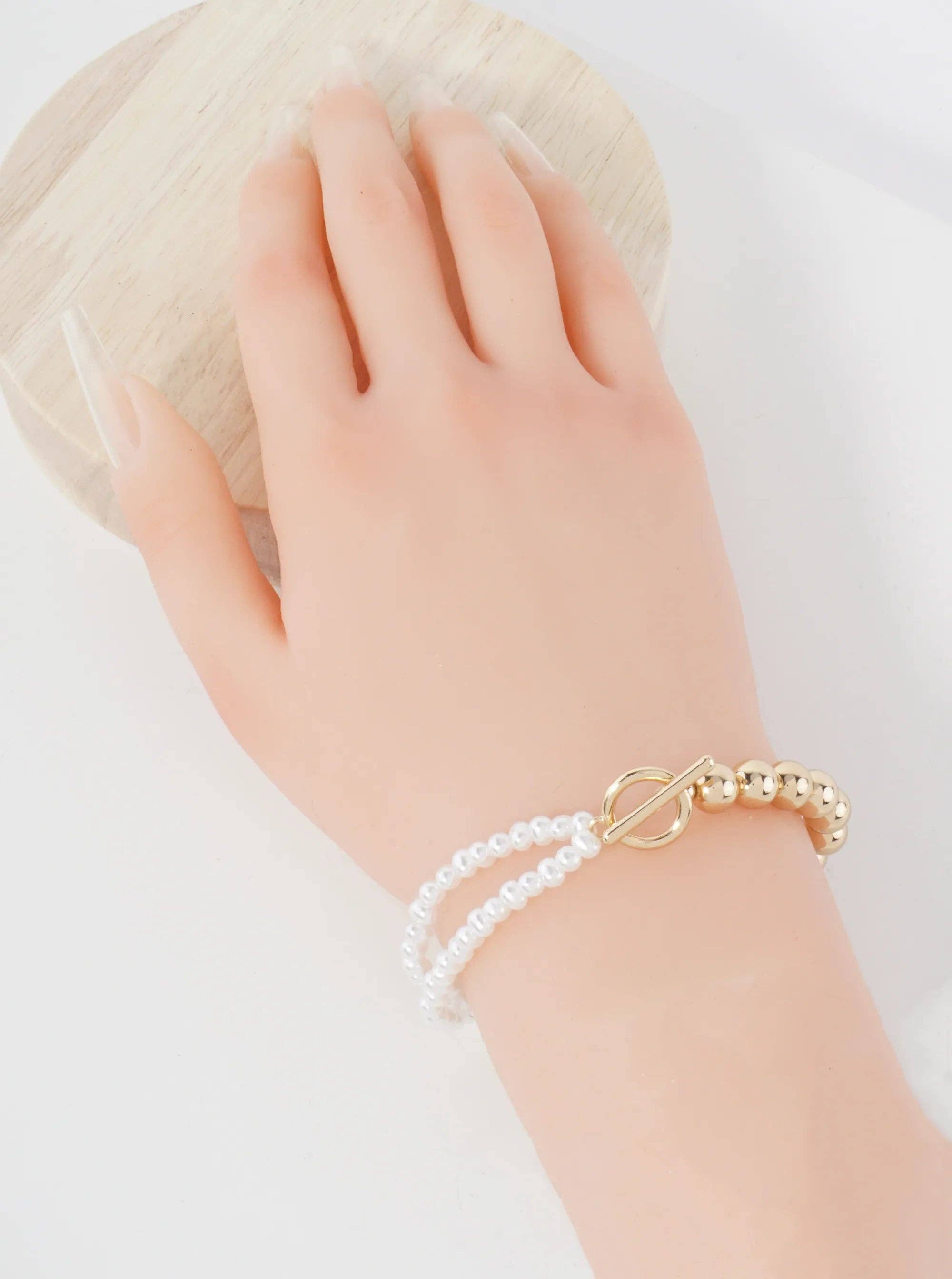 Wild Honey - Wholesale Beaded Bracelet - 7mm Metallic-Bead 4mm Pearl-Bead Toggle-Closure Stretch Bracelet1