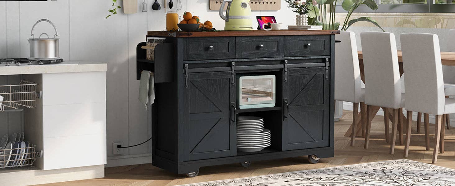 Orange County Decor - Wholesale Kitchen Storage/Organizer - K&K 53.7" Farmhouse Kitchen Island With Power Outlet, 2 Sliding Barn Door Kitchen Storage Island With Drop Leaf, Spice Rack Rolling Kitchen Cart On Wheels, For Home, Kitchen And Dining Room, Black10