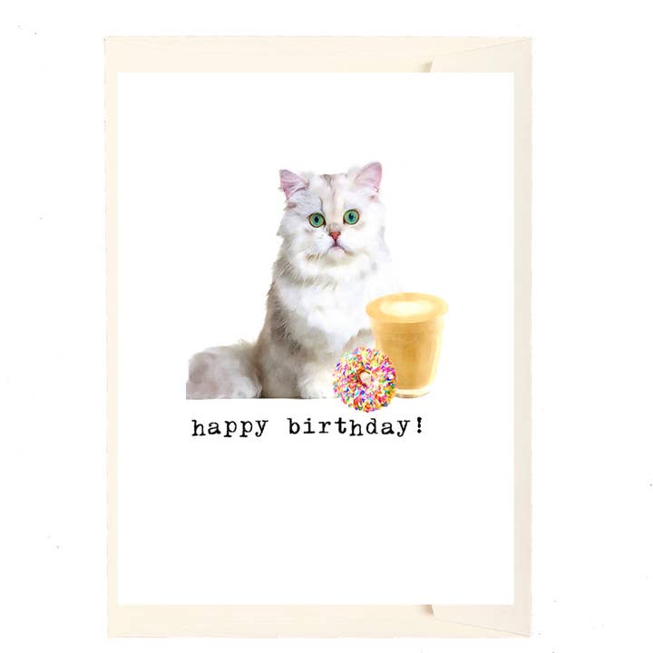 Happy Birthday -Cat a' Latte with a donut on the side for wholesale by Paperlove Boutique