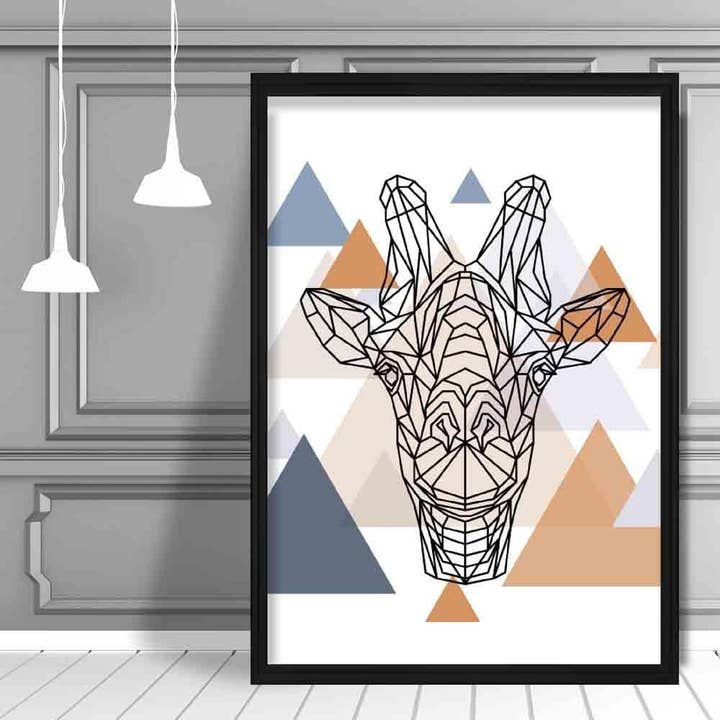 Giraffe Head Abstract Multi Geometric Scandinavian Blue,Copper Poster for wholesale by Artze Wall Art