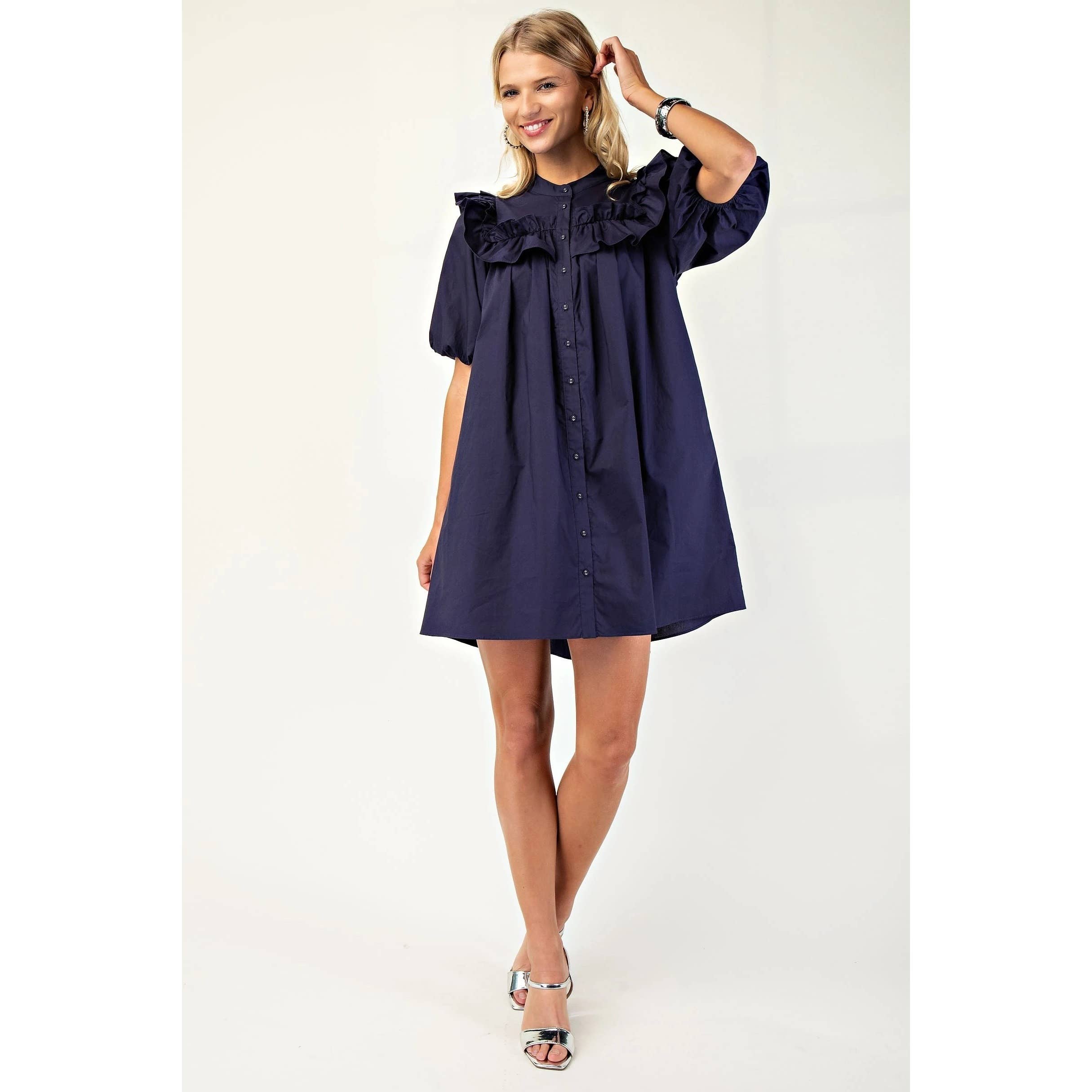 BNS - Wholesale Dress - Women's - Puff Sleeve Mini Dress w_Mandarin Collar n Ruffle15