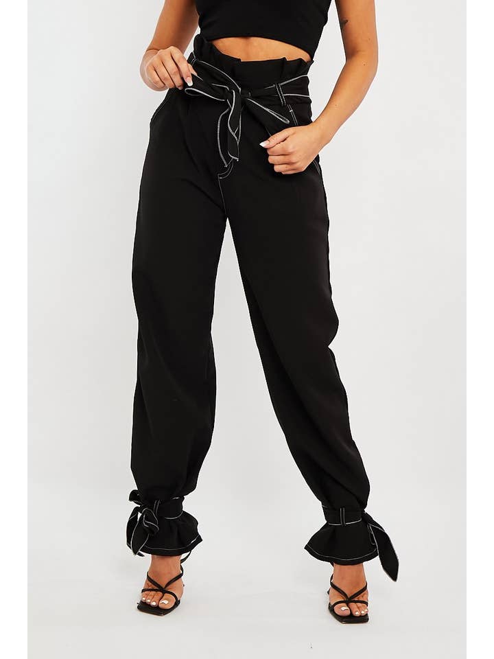Black Contrast Stitch Ankle Tie Trousers - Neyla for wholesale on Faire2